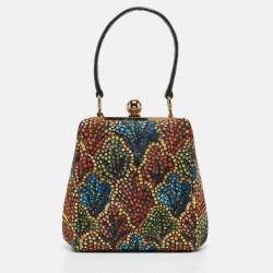 Pre Owned Dolce & Gabbana Multicolor Printed Fabric and Crocodile Frame Top Handle Bag