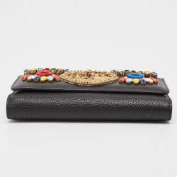 Pre Owned Dolce & Gabbana Black Leather Miss Sicily Von Embellished Wallet On Chain