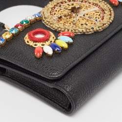 Pre Owned Dolce & Gabbana Black Leather Miss Sicily Von Embellished Wallet On Chain