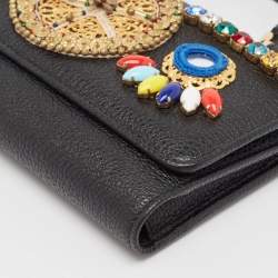 Pre Owned Dolce & Gabbana Black Leather Miss Sicily Von Embellished Wallet On Chain