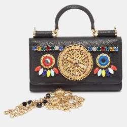 Pre Owned Dolce & Gabbana Black Leather Miss Sicily Von Embellished Wallet On Chain