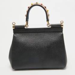 مملوكة مسبقًا Dolce & Gabbana Black Leather Small Studded Miss Sicily Top Handle Bag
