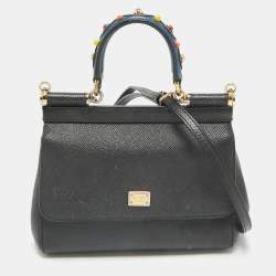 مملوكة مسبقًا Dolce & Gabbana Black Leather Small Studded Miss Sicily Top Handle Bag