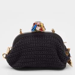 Pre Owned Dolce & Gabbana Black Crochet Embellished Frame Chain Bag