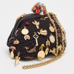 Pre Owned Dolce & Gabbana Black Crochet Embellished Frame Chain Bag