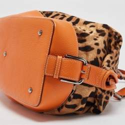 Dolce & Gabbana Orange/Beige Leopard Print Fabric and Leather Animalier Satchel