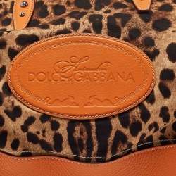 Dolce & Gabbana Orange/Beige Leopard Print Fabric and Leather Animalier Satchel