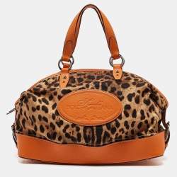 Dolce & Gabbana Orange/Beige Leopard Print Fabric and Leather Animalier Satchel