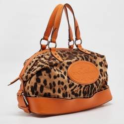 Dolce & Gabbana Orange/Beige Leopard Print Fabric and Leather Animalier Satchel