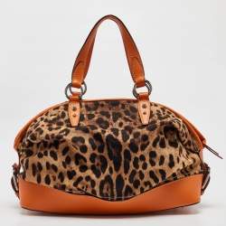 Dolce & Gabbana Orange/Beige Leopard Print Fabric and Leather Animalier Satchel