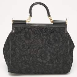 Pre Owned Dolce & Gabbana Black Lace Fabric Large Miss Sicily Top Handle Bag