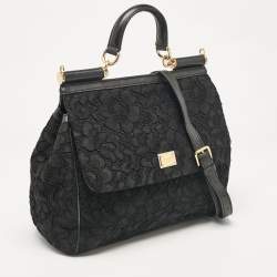 Pre Owned Dolce & Gabbana Black Lace Fabric Large Miss Sicily Top Handle Bag
