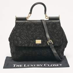 Pre Owned Dolce & Gabbana Black Lace Fabric Large Miss Sicily Top Handle Bag