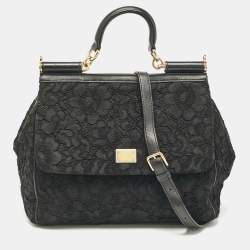 Pre Owned Dolce & Gabbana Black Lace Fabric Large Miss Sicily Top Handle Bag