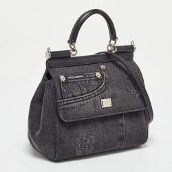 Pre Owned Dolce & Gabbana Black Patchwork Distressed Denim Medium Sicily Top Handle Bag