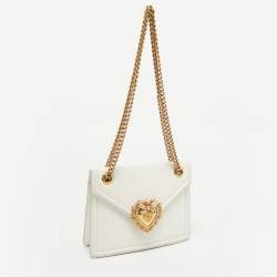 Pre Owned Dolce & Gabbana White Leather Devotion Chain Shoulder Bag