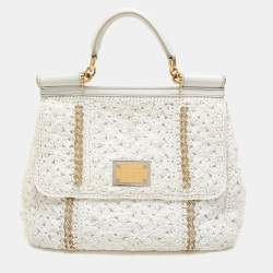 Pre Owned Dolce & Gabbana White Crochet Straw and Leather Large Miss Sicily Top Handle Bag 