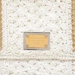 Pre Owned Dolce & Gabbana White Crochet Straw and Leather Large Miss Sicily Top Handle Bag 