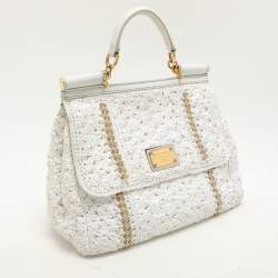Pre Owned Dolce & Gabbana White Crochet Straw and Leather Large Miss Sicily Top Handle Bag 