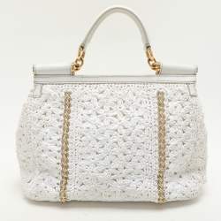 Pre Owned Dolce & Gabbana White Crochet Straw and Leather Large Miss Sicily Top Handle Bag 
