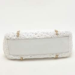 Pre Owned Dolce & Gabbana White Crochet Straw and Leather Large Miss Sicily Top Handle Bag 