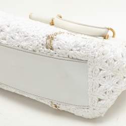 Pre Owned Dolce & Gabbana White Crochet Straw and Leather Large Miss Sicily Top Handle Bag 