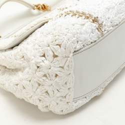 Pre Owned Dolce & Gabbana White Crochet Straw and Leather Large Miss Sicily Top Handle Bag 