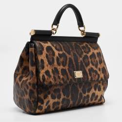 Pre Owned Dolce & Gabbana Black/Beige Leopard Print Coated Canvas and Leather Large Miss Sicily Top Handle Bag