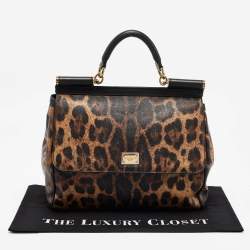Pre Owned Dolce & Gabbana Black/Beige Leopard Print Coated Canvas and Leather Large Miss Sicily Top Handle Bag