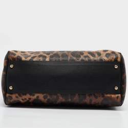 Pre Owned Dolce & Gabbana Black/Beige Leopard Print Coated Canvas and Leather Large Miss Sicily Top Handle Bag