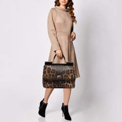 Pre Owned Dolce & Gabbana Black/Beige Leopard Print Coated Canvas and Leather Large Miss Sicily Top Handle Bag