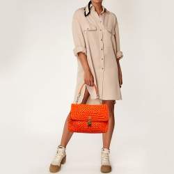 Pre Owned Dolce & Gabbana Orange Crochet Straw Padlock Top Handle Bag