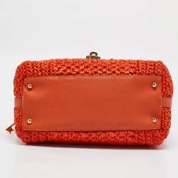Pre Owned Dolce & Gabbana Orange Crochet Straw Padlock Top Handle Bag