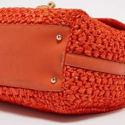 Pre Owned Dolce & Gabbana Orange Crochet Straw Padlock Top Handle Bag
