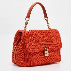 Pre Owned Dolce & Gabbana Orange Crochet Straw Padlock Top Handle Bag