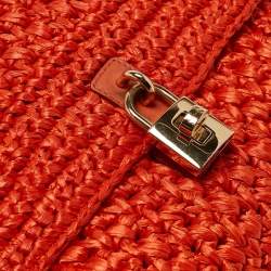 Pre Owned Dolce & Gabbana Orange Crochet Straw Padlock Top Handle Bag