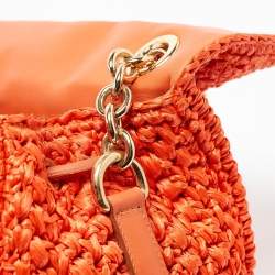 Pre Owned Dolce & Gabbana Orange Crochet Straw Padlock Top Handle Bag