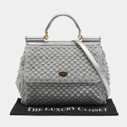 مملوكة مسبقًا Dolce & Gabbana Silver Crochet Lurex Fabric and Leather Large Miss Sicily Top Handle Bag