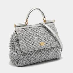 مملوكة مسبقًا Dolce & Gabbana Silver Crochet Lurex Fabric and Leather Large Miss Sicily Top Handle Bag