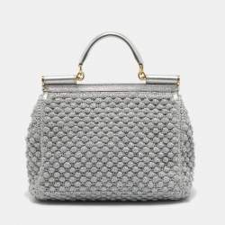 مملوكة مسبقًا Dolce & Gabbana Silver Crochet Lurex Fabric and Leather Large Miss Sicily Top Handle Bag