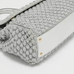 مملوكة مسبقًا Dolce & Gabbana Silver Crochet Lurex Fabric and Leather Large Miss Sicily Top Handle Bag