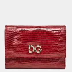 Pre Owned Dolce & Gabbana Red Lizard Embossed Leather DG Crystals Trifold Wallet