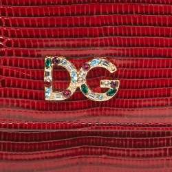 Pre Owned Dolce & Gabbana Red Lizard Embossed Leather DG Crystals Trifold Wallet