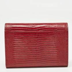Pre Owned Dolce & Gabbana Red Lizard Embossed Leather DG Crystals Trifold Wallet