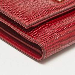 Pre Owned Dolce & Gabbana Red Lizard Embossed Leather DG Crystals Trifold Wallet