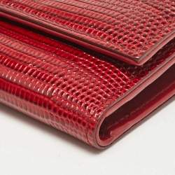 Pre Owned Dolce & Gabbana Red Lizard Embossed Leather DG Crystals Trifold Wallet