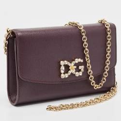 Dolce & Gabbana Purple Leather Crystal Logo Chain Clutch