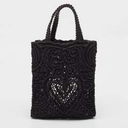 Pre Owned Dolce & Gabbana Black Crochet Fabric Small Beatrice Tote