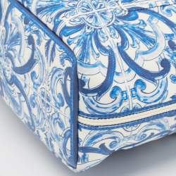 Pre Owned Dolce & Gabbana Blue/White Majolica Print Leather Miss Escape Tote