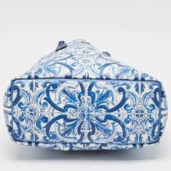 Pre Owned Dolce & Gabbana Blue/White Majolica Print Leather Miss Escape Tote
